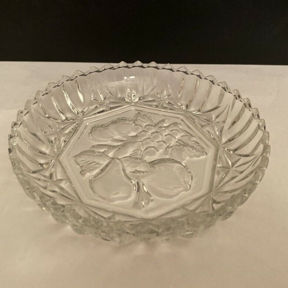 Vintage Cut Glass Dish Ash Tray, Jewerly or Coin Dish Engraved Fruit Pattern